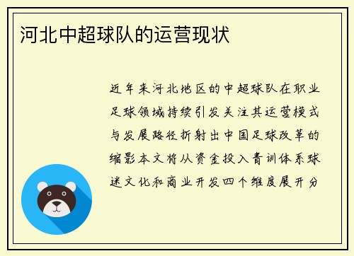 河北中超球队的运营现状