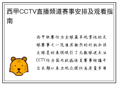 西甲CCTV直播频道赛事安排及观看指南
